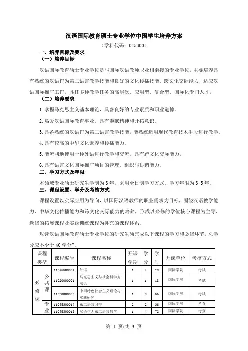 汉语国际教育硕士专业学位中国学生培养方案
