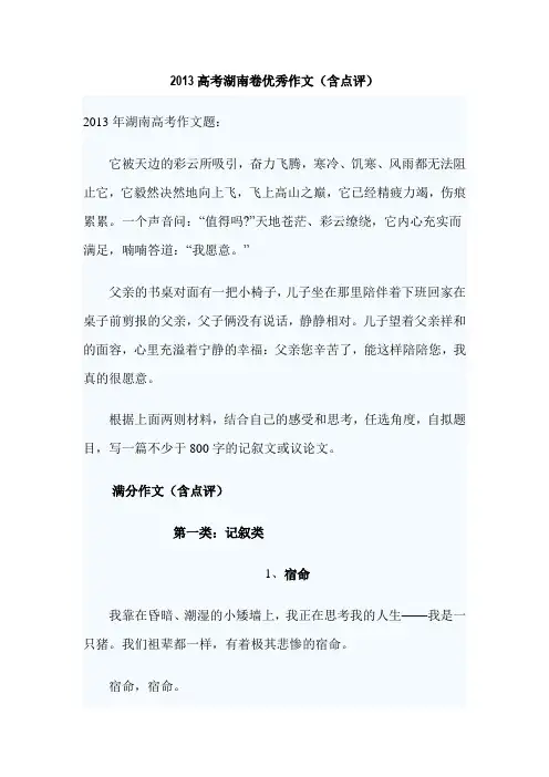 2013年高考湖南卷优秀记叙文和议论文