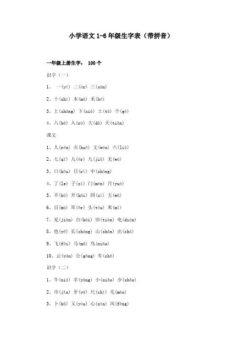 小学语文1-6年级生字表(带拼音)