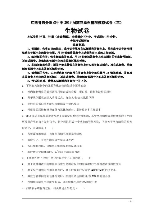 江西省部分重点中学2019届高三原创精准模拟试卷(三)生物试卷