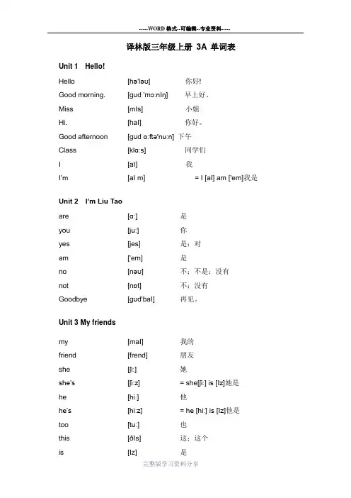 译林版小学英语单词表(带音标)