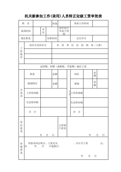 机关新参加工作(录用)人员转正定级工资审批表