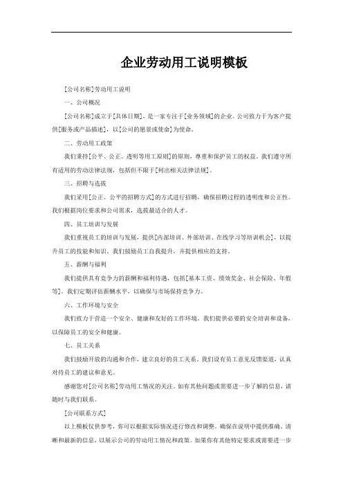 企业劳动用工说明模板