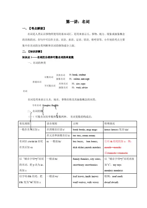 【语法精编讲义】小升初英语：考点解读+知识讲解+典例探究+分层训练-第一讲：名词(学生版)