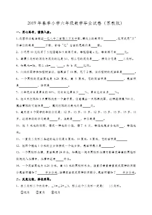 2019年小学六年级小升初数学毕业模拟试卷附参考答案