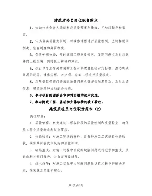 建筑质检员岗位职责范本（2篇）