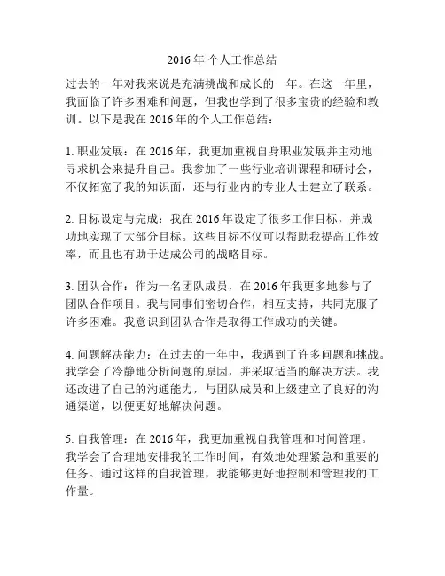 2016年 个人工作总结