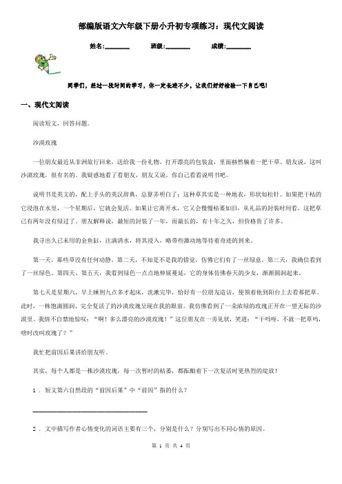 部编版语文六年级下册小升初专项练习：现代文阅读