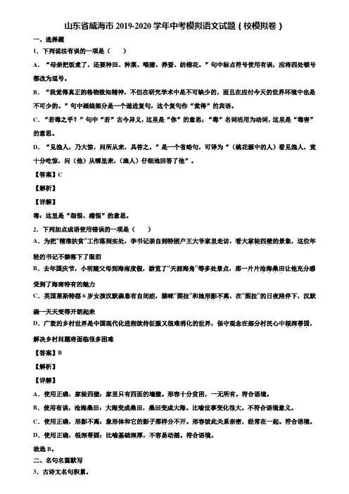 山东省威海市2019-2020学年中考模拟语文试题(校模拟卷)含解析