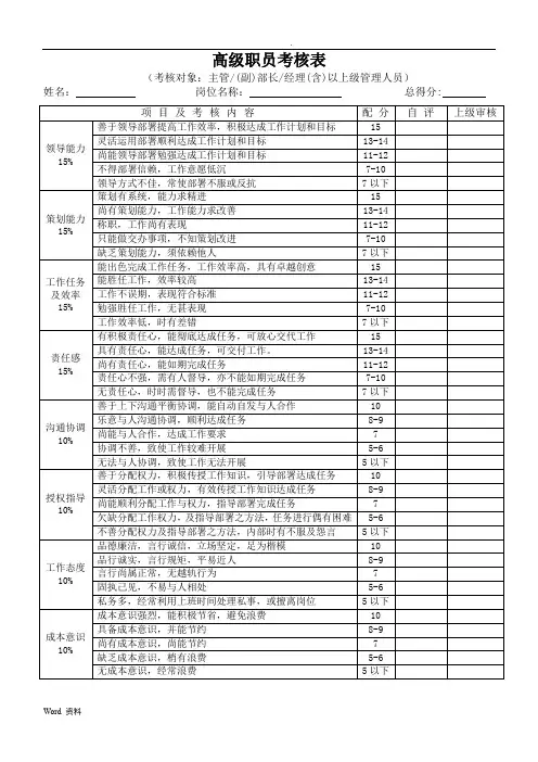 员工绩效考核表格模版(各部门加通用版本)