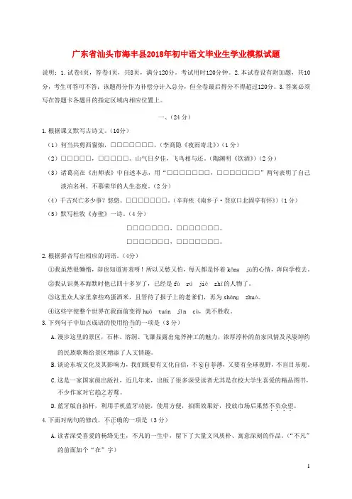 广东省汕头市海丰县2018年语文中考模拟试题(有答案)