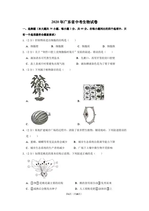 2020年广东省中考生物试卷及解析