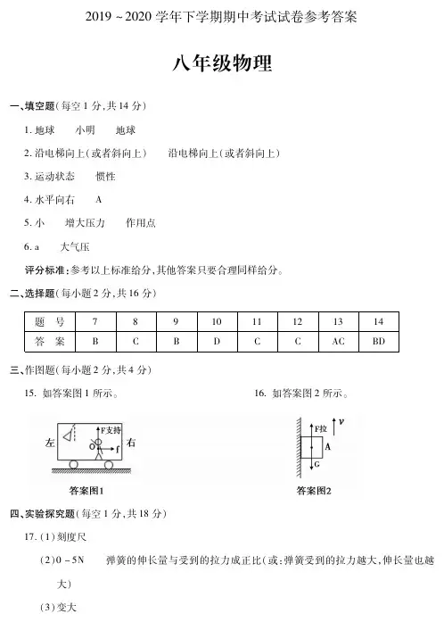 河南省汝州市2020-2021学年八年级下学期期中考试物理试题答案