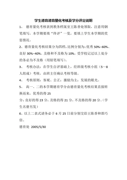 学生德育德育量化考核及学分评定说明
