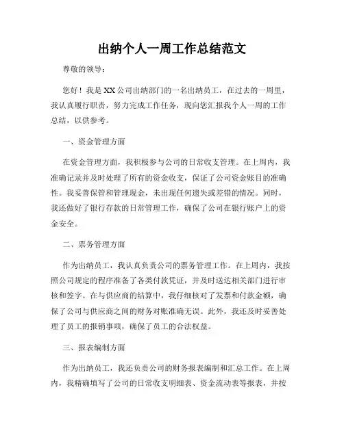 出纳个人一周工作总结范文