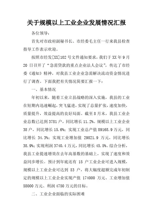关于规模以上工业企业发展情况汇报