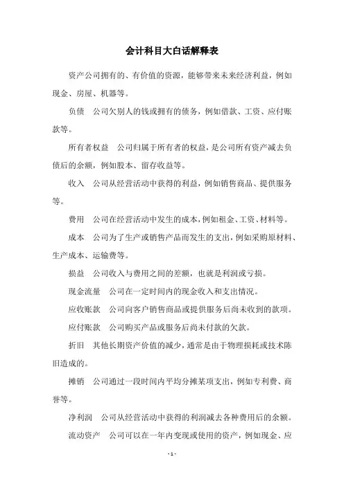 会计科目大白话解释表