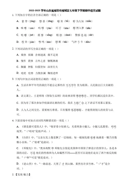 2022-2023学年山东省潍坊市潍城区七年级下学期期中语文试题