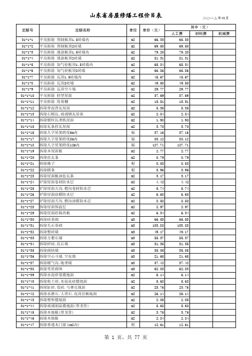 山东省房屋修缮工程计价定额价目表(2013年4月最新发布版)