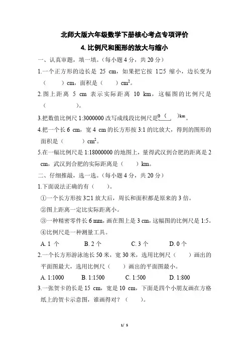 北师大版六年级数学下册第二单元比例尺和图形的放大与缩小专项试卷附答案