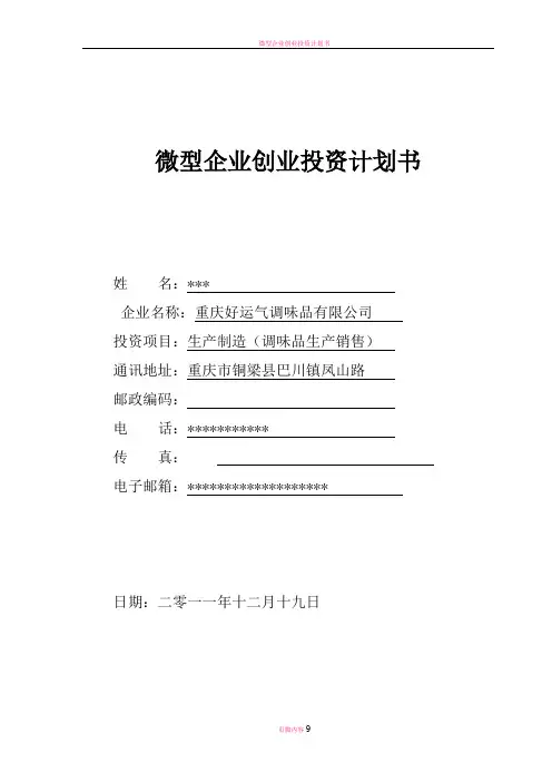 微型企业创业计划书-食品企业