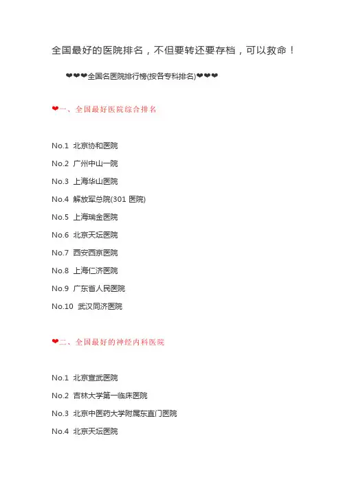 全国最好的医院排名