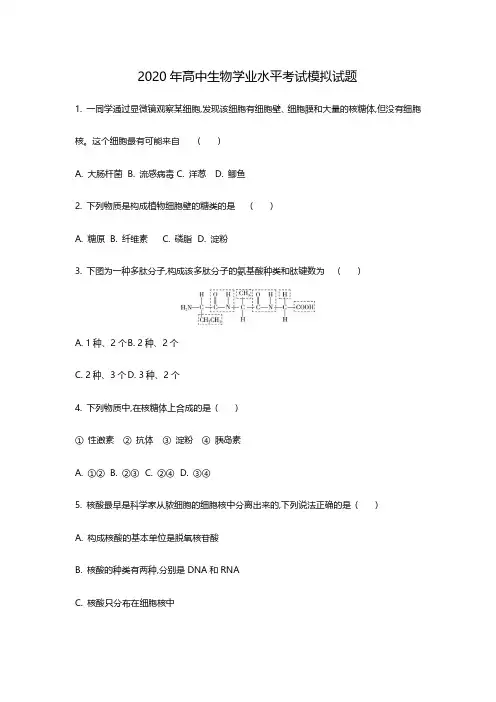 2020年高中生物学业水平考试模拟试题及答案