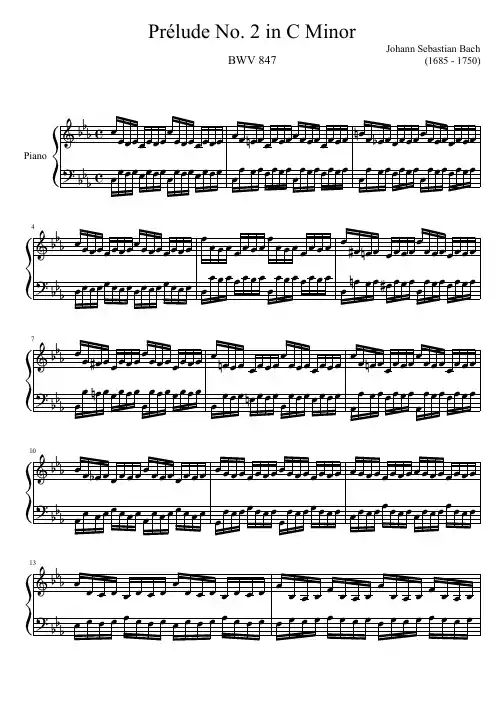 巴赫 前奏曲与赋格 前奏曲 BWV847 钢琴谱
