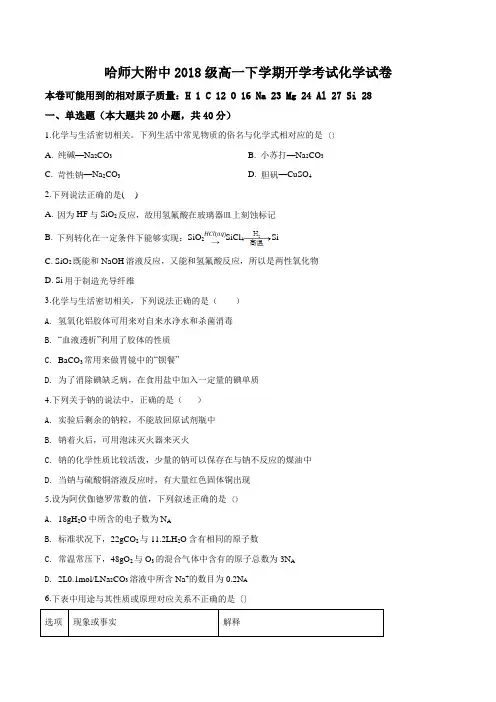黑龙江省哈尔滨市哈尔滨师范大学附属中学2018-2019学年高一下学期开学考试化学试题(原卷版)