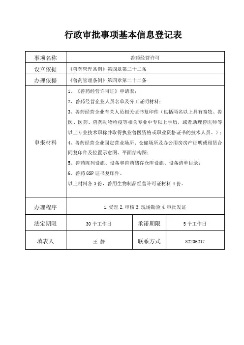 行政审批事项基本信息登记表
