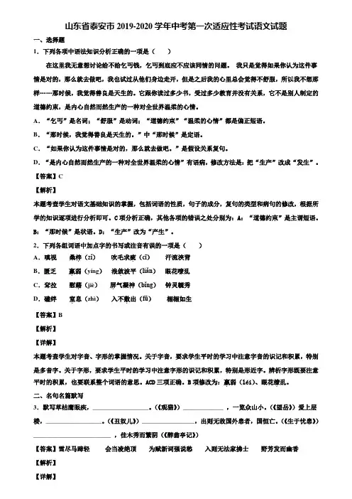 山东省泰安市2019-2020学年中考第一次适应性考试语文试题含解析