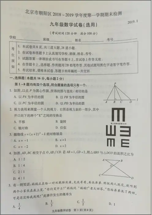 北京市朝阳区2018-2019学年初三九年级上学期数学期末试题