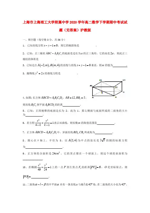 上海市上海理工大学附属中学2020学年高二数学下学期期中考试试题(无答案)沪教版