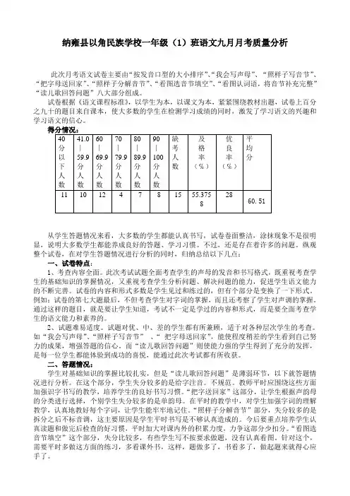 一年级(1)班语文月考质量分析