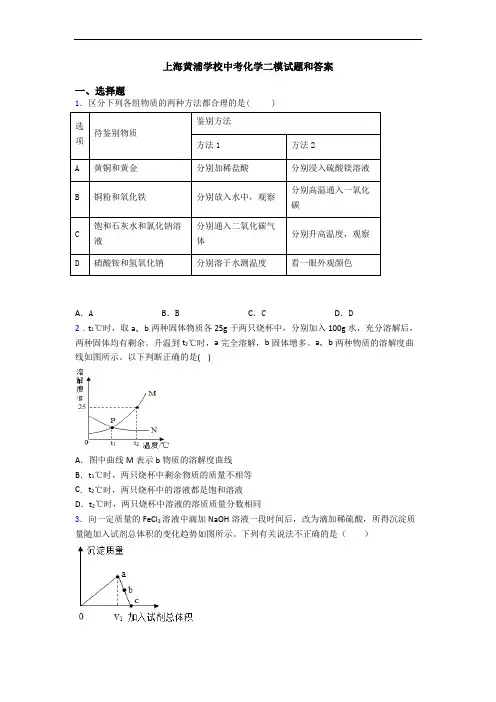 上海黄浦学校中考化学二模试题和答案