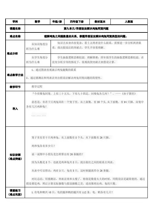 人教版数学四年级下册教案-9 用假设法解决鸡兔同笼问题12