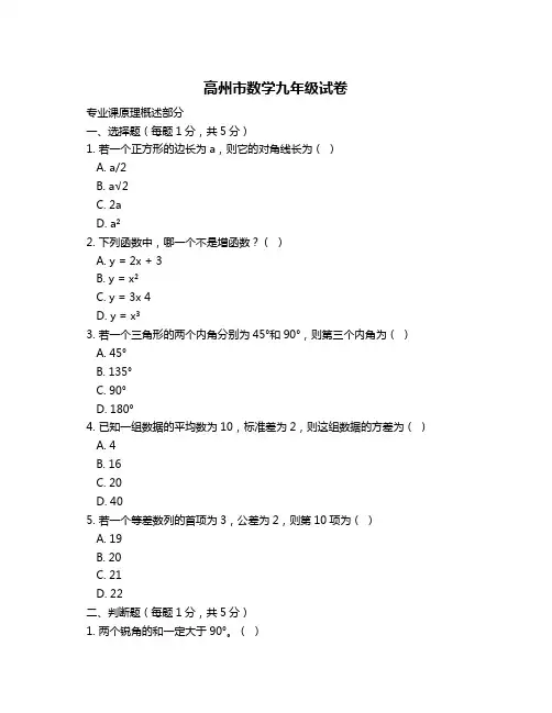 高州市数学九年级试卷