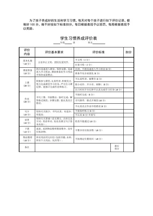 学生学习习惯养成评价表