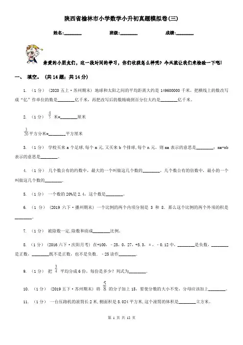 陕西省榆林市小学数学小升初真题模拟卷(三) 