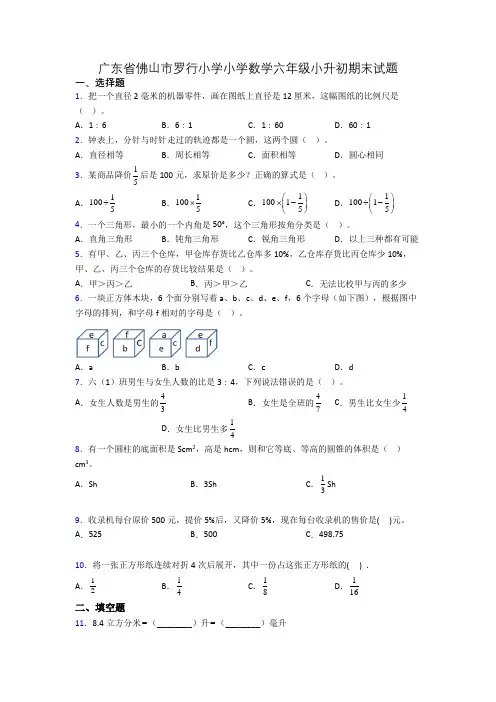 广东省佛山市罗行小学小学数学六年级小升初期末试题