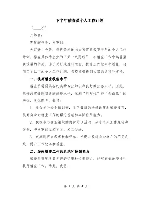 下半年稽查员个人工作计划