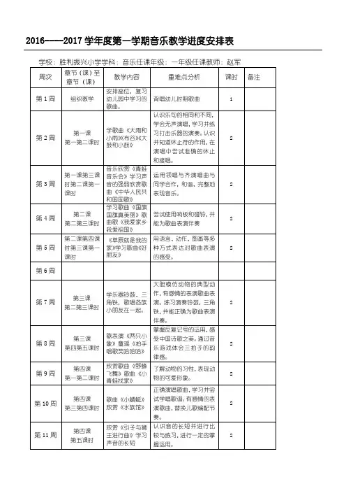 2016-2017第一学期音乐教学进度表