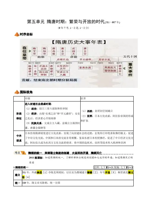 2019安徽中考历史考点梳理(中国古代史第五单元  隋唐时期：繁荣与开放的时代)