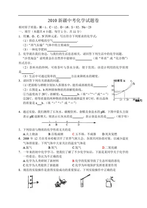 2010年新疆自治区中考化学试卷(WORD版含答案)