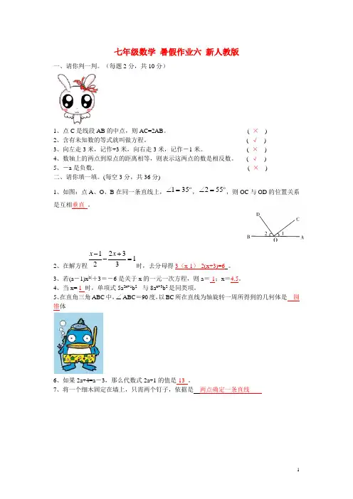 七年级数学 暑假作业六 新人教版