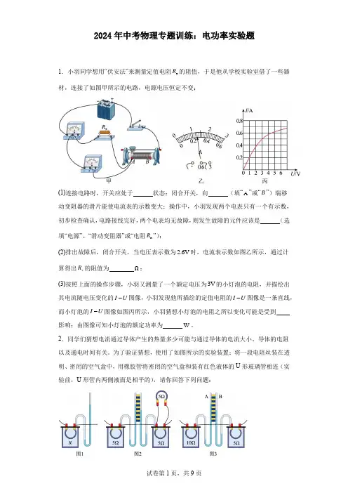 2024年中考物理专题训练：电功率实验题