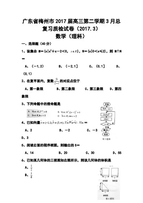 2017届广东省梅州市高三第二学期3月总复习质检理科数学试卷及答案 精品