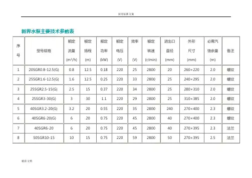 新界水泵主要技术全参数表