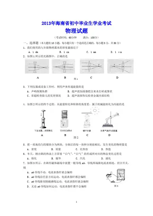 2013年海南省中考物理试题及答案(word版)