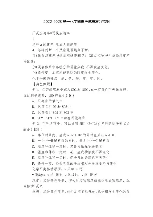 2022-2023高一化学期末考试总复习提纲